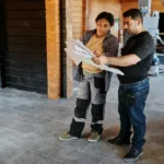 Dua pekerja konstruksi memeriksa denah bangunan di dalam gedung yang sedang dibangun